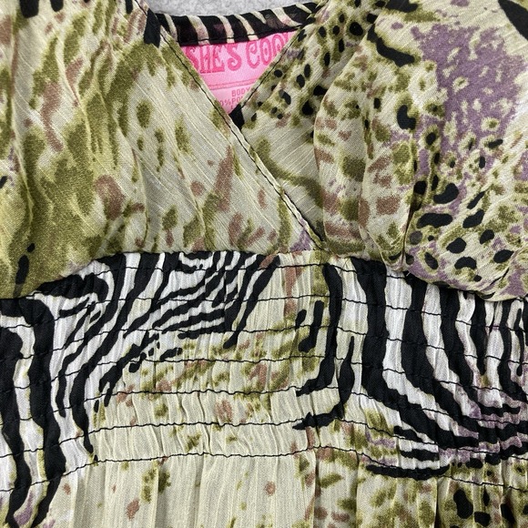 She's Cool Midi Sun Dress Womens Juniors XL Green Zebra Print‎ Babydoll Lined - Picture 3 of 14
